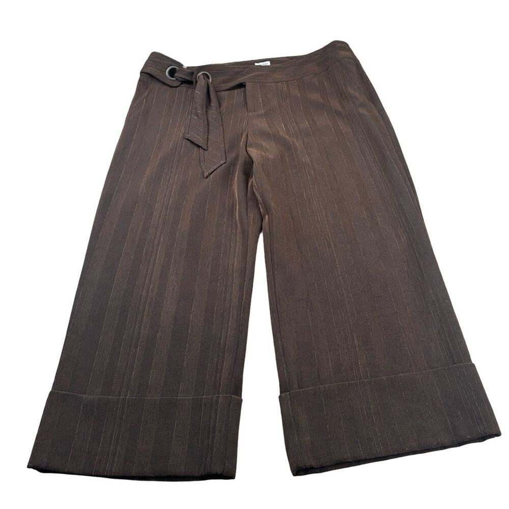 Cache Brown Pinstripe Culottes 12 Wide Leg Cropped Pants Cuffed Tie Waist